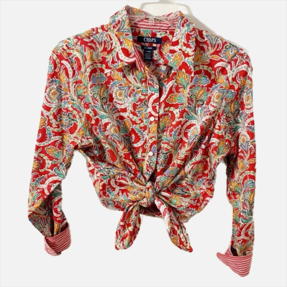 Chaps Petites No Iron Cotton Multicolor Paisley Button Down Shirt Pointed Collar